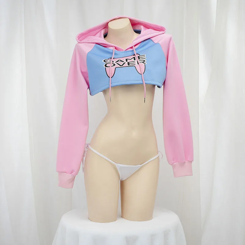 Anime Cosplay Bikini - 귀여운 긴팔 크롭탑 후드티 핑크 블루