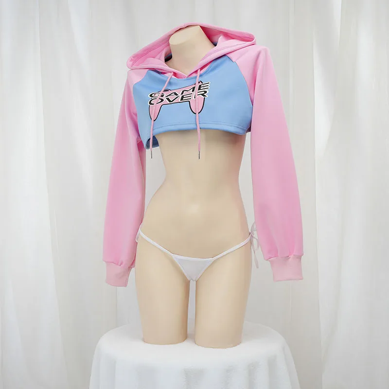 귀여운 긴팔 크롭탑 후드티 핑크 블루 매칭 스타일 여학 - Anime Cosplay Bikini 리뷰 및 가격