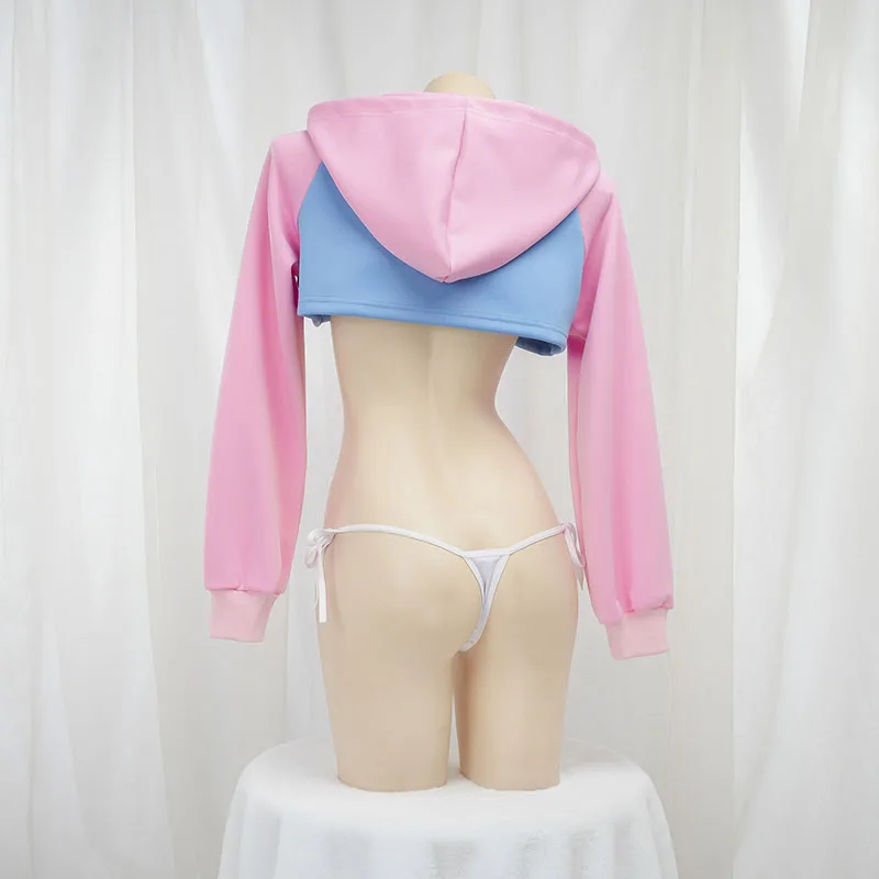 귀여운 긴팔 크롭탑 후드티 핑크 블루 매칭 스타일 여학 - Anime Cosplay Bikini 리뷰 및 가격