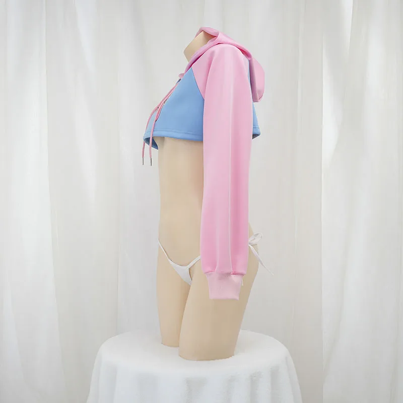 귀여운 긴팔 크롭탑 후드티 핑크 블루 매칭 스타일 여학 - Anime Cosplay Bikini 리뷰 및 가격